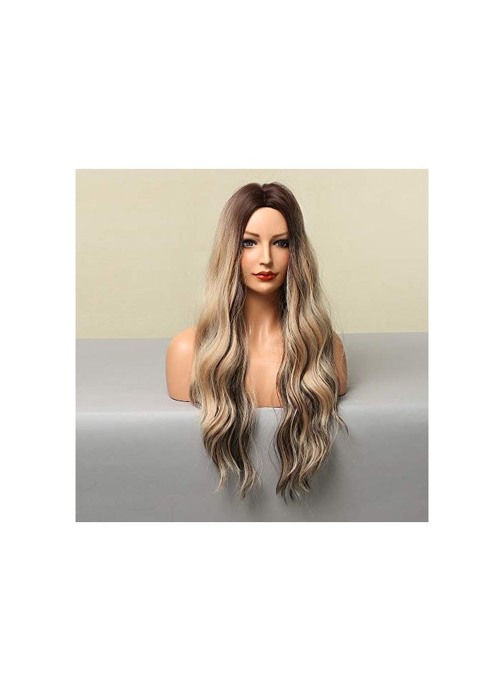 Long Curly Wigs Natural Wave Ombre Wigs Dark Brown Roots to Blonde Wigs Mixed Black Heat Resistant Fiber Synthetic Wigs for Women Cosplay Ladies Wig - pzsku/ZCA08ED9937DEDE83AEB1Z/45/_/1721468723/17fea227-d5eb-457e-8269-d81d47cca771