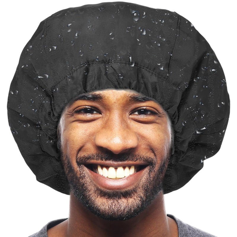 Shower Cap for Men Black Bath Cap Reversible Terry Lined Large Waterproof Adjustable Shower Caps Elastic Band Stretch Hem Hair Hat for braids