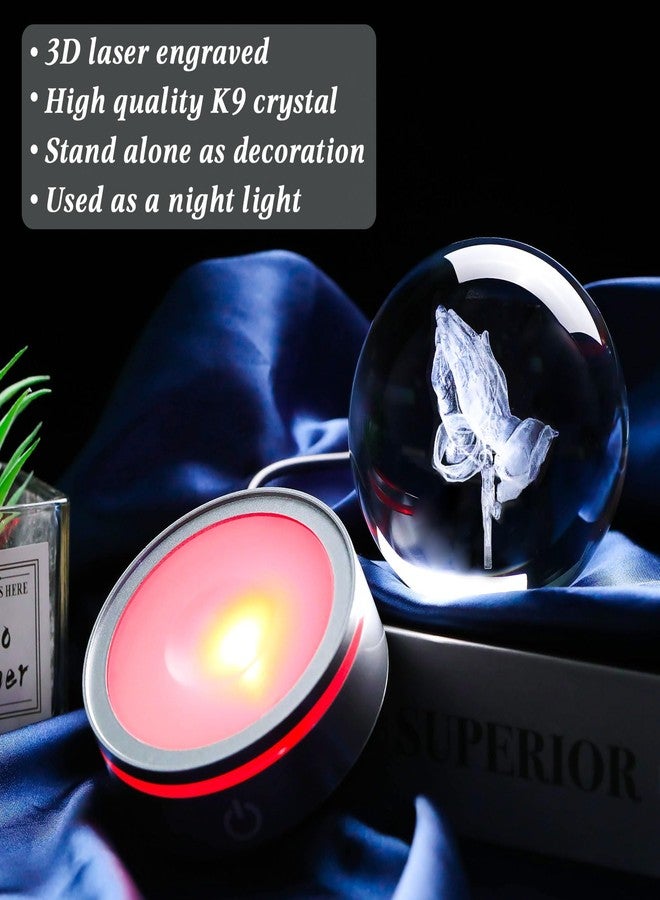 Movdyka 3D Crystal Ball Jesus Praying Hands with Cross Figurine, Laser Engrave Religious Gifts for Women Men Christian with Colorful Light Base, Christian Gifts for Friend - Image 4