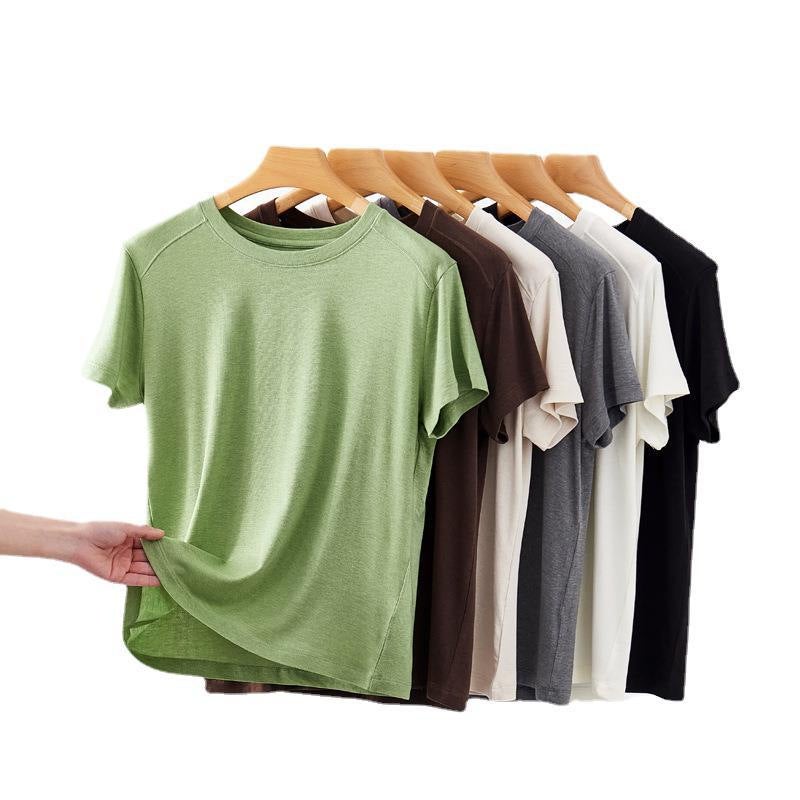 Tencel Acetate Slim-fit T-shirt All-match Fashionable Top CHAO Soft Waxy Skin-friendly 2024 Summer Women''s Short-sleeve Shoulder - Image 2