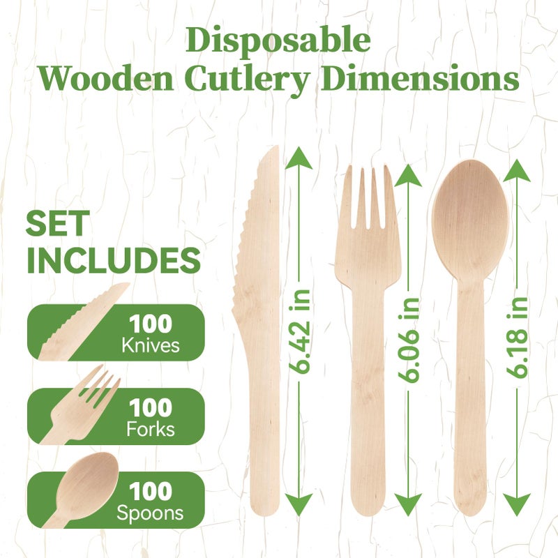 ECOLipak 300 Count Disposable Wooden Cutlery Set  100 Knives  Forks and Spoons each  Splinter-Free Compostable Wooden Disposable Utensils for Party  Camping  Traveling  Family Dinners - Image 1