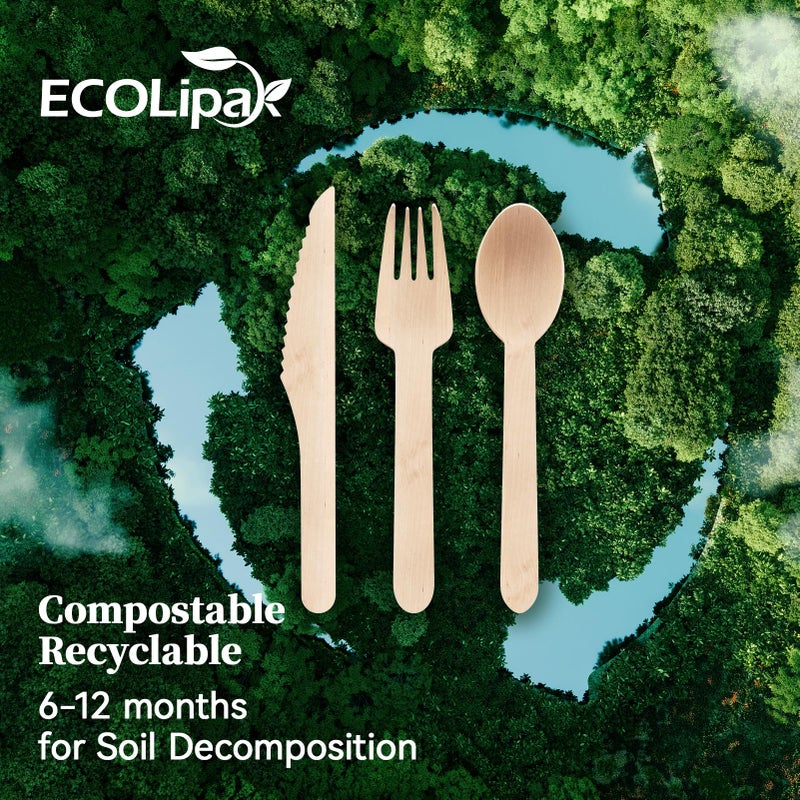 ECOLipak 300 Count Disposable Wooden Cutlery Set  100 Knives  Forks and Spoons each  Splinter-Free Compostable Wooden Disposable Utensils for Party  Camping  Traveling  Family Dinners - Image 3