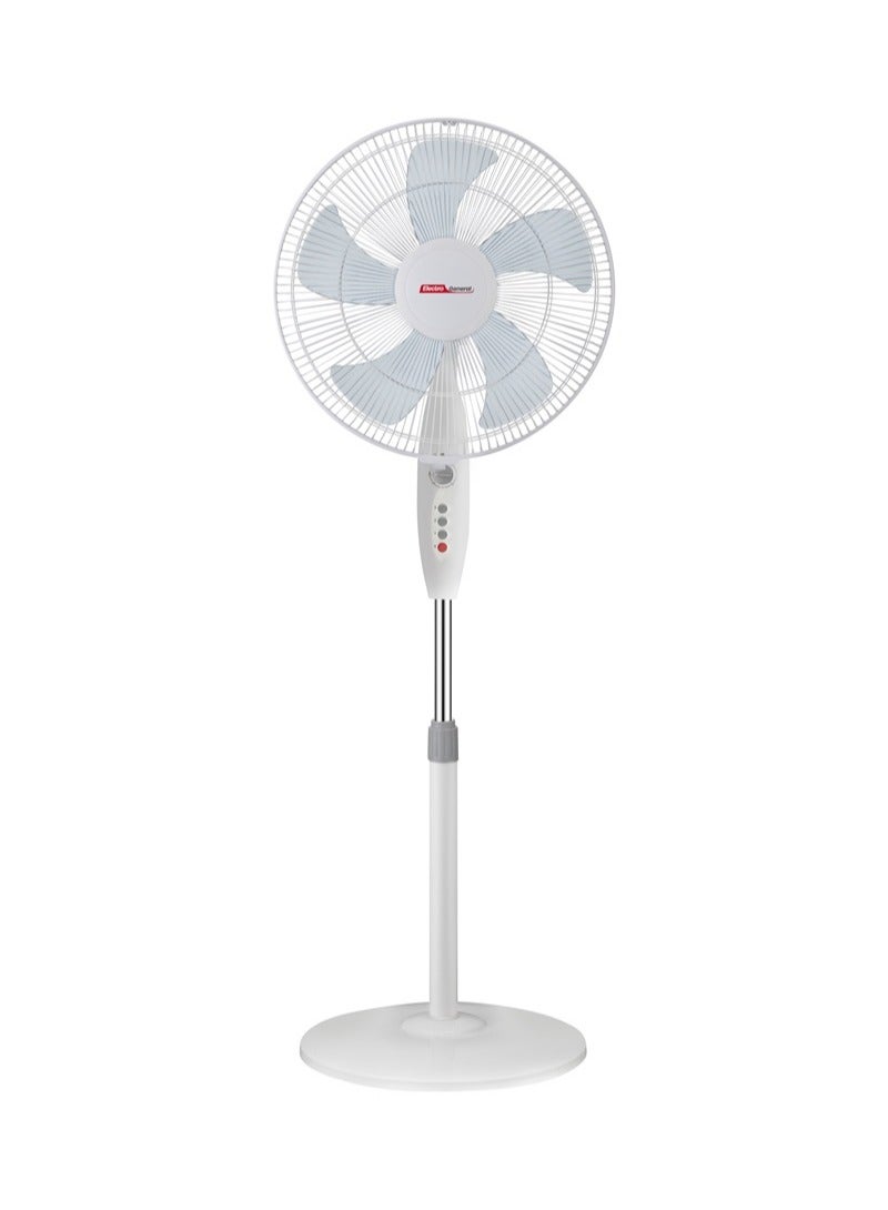 مروحة قائمة إلكترو جنرال 16 بوصة - ارتفاع قابل للتعديل، 3 سرعات، محرك نحاسي كامل، مؤقت 7.5 ساعة، أبيض، 60 وات (بدون جهاز تحكم عن بعد)
