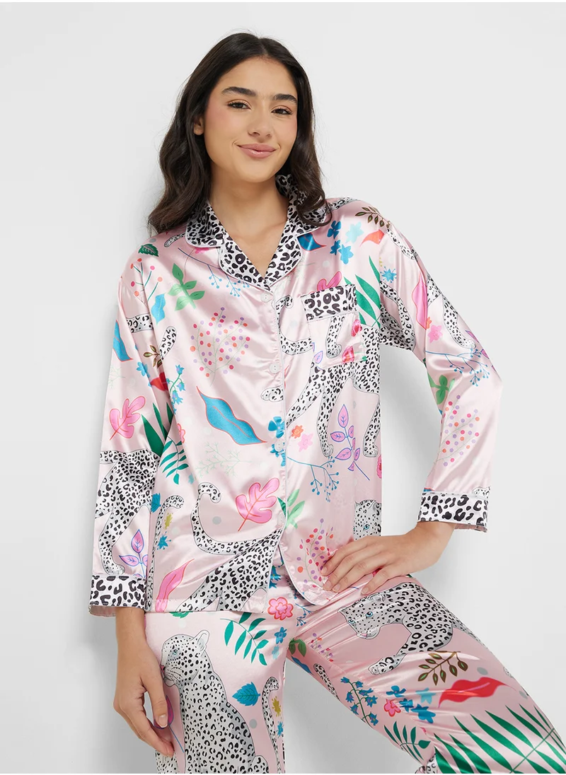Ginger Tropical Print Satin Button Down Shirt & Pyjama Set