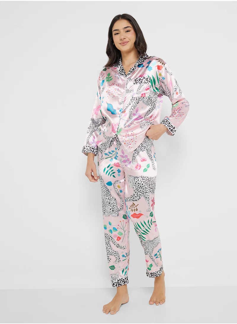 Ginger Tropical Print Satin Button Down Shirt & Pyjama Set