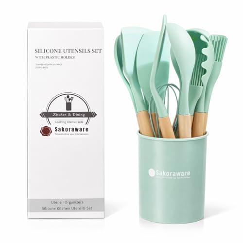 Sakoraware Silicone Kitchen Utensils Spoon Spatula Cooking 12 Pcs Set | Baking Set | Non-Stick with Wooden Handle- BPA Free, Heat Resistant Item Flexible Non Toxic Silicon Cookware Tools with Holder - Image 2