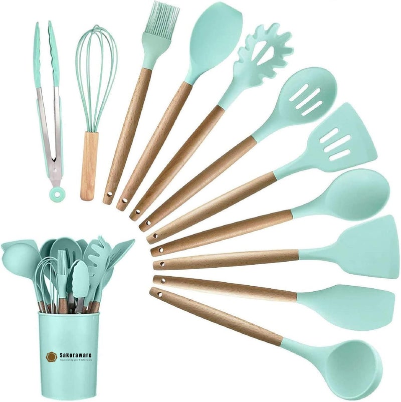 Sakoraware Silicone Kitchen Utensils Spoon Spatula Cooking 12 Pcs Set | Baking Set | Non-Stick with Wooden Handle- BPA Free, Heat Resistant Item Flexible Non Toxic Silicon Cookware Tools with Holder - Image 1