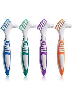Generic Set of 4 Denture Brushes with Multi-Layered Bristles and Rubber Handle in Purple, Green, Blue, and Orange - Double-Sided Toothbrush for Denture Cleaning and Care  - Image 1