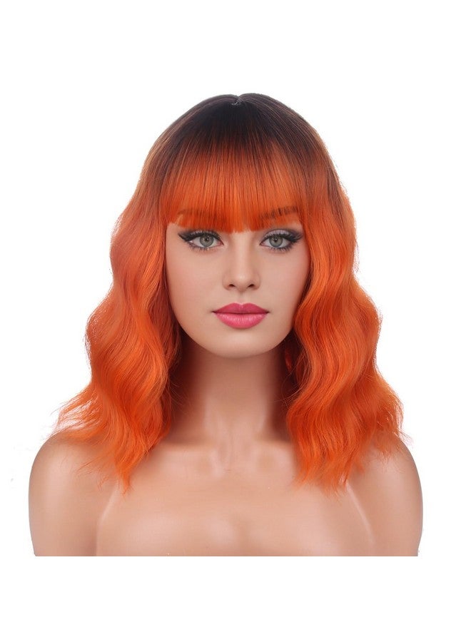 بيرون باروكة شعر مستعار قصير مجعد باللون الأسود والبرتقالي من بيرون، بطول 14 بوصة، مع غرة، باروكة شعر مستعار برتقالية صناعية للنساء والفتيات، باروكة شعر مستعار أومبري مع غطاء شعر مستعار - Image 2