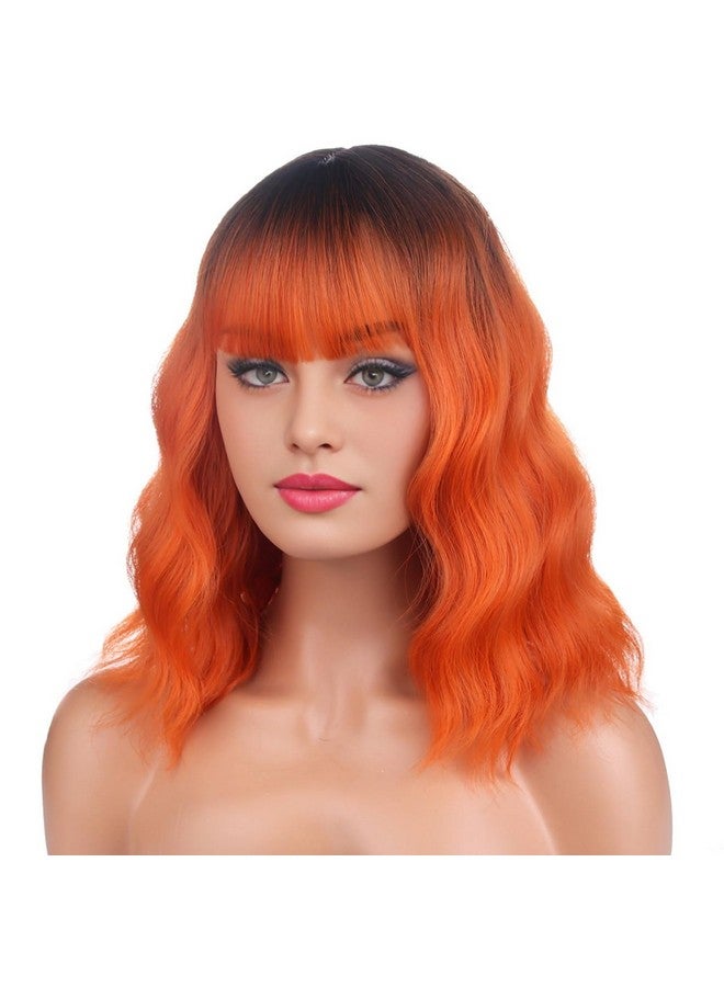 بيرون باروكة شعر مستعار قصير مجعد باللون الأسود والبرتقالي من بيرون، بطول 14 بوصة، مع غرة، باروكة شعر مستعار برتقالية صناعية للنساء والفتيات، باروكة شعر مستعار أومبري مع غطاء شعر مستعار - Image 1