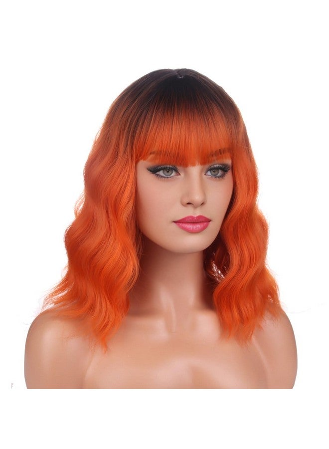 بيرون باروكة شعر مستعار قصير مجعد باللون الأسود والبرتقالي من بيرون، بطول 14 بوصة، مع غرة، باروكة شعر مستعار برتقالية صناعية للنساء والفتيات، باروكة شعر مستعار أومبري مع غطاء شعر مستعار - Image 3