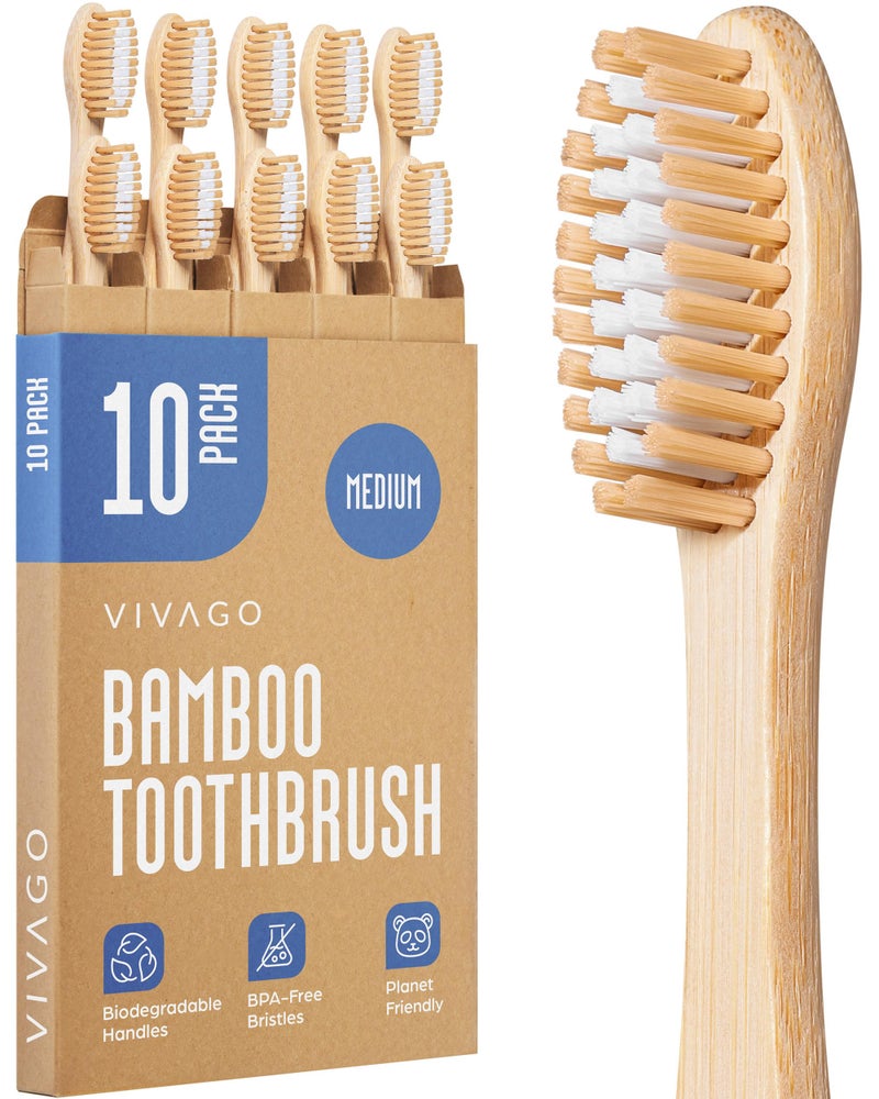 VIVAGO Bamboo Toothbrushes Medium Bristles 10 Pack - BPA Free Medium Bristles Toothbrushes for Adults - Eco-Friendly, Natural Wooden Toothbrush - Image 1