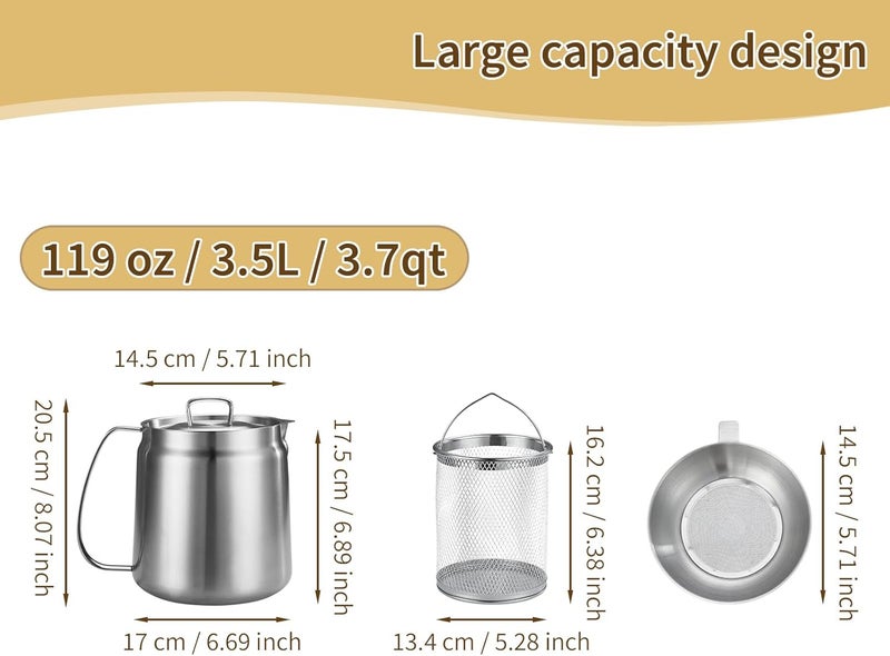 GADO 119oz 304 Stainless Steel Deep Fryer Pot with Basket & Strainer, Large Capacity Bacon Grease Container for Kitchen,Frying, Cooking, Camping,Oil Filter Container - Dishwasher Safe (119oz/3.5L/3.7Qt) - Image 4