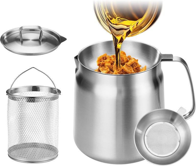 GADO 119oz 304 Stainless Steel Deep Fryer Pot with Basket & Strainer, Large Capacity Bacon Grease Container for Kitchen,Frying, Cooking, Camping,Oil Filter Container - Dishwasher Safe (119oz/3.5L/3.7Qt) - Image 1