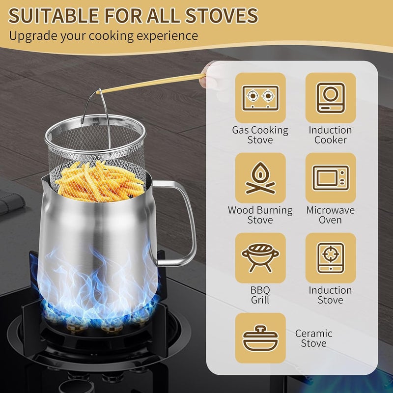 GADO 119oz 304 Stainless Steel Deep Fryer Pot with Basket & Strainer, Large Capacity Bacon Grease Container for Kitchen,Frying, Cooking, Camping,Oil Filter Container - Dishwasher Safe (119oz/3.5L/3.7Qt) - Image 5
