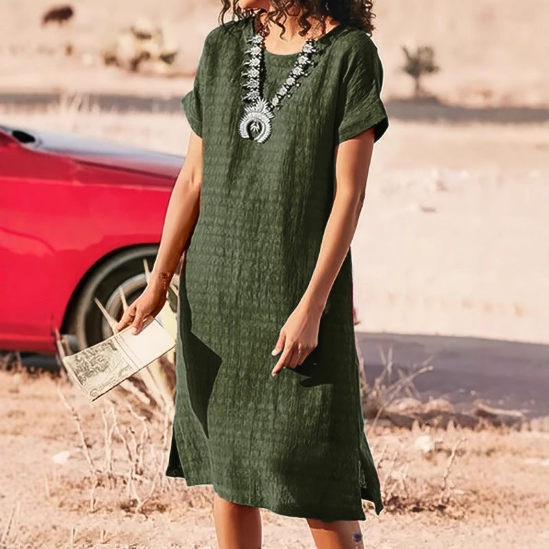 Plus Size Women's Round Neck Short Sleeve Split Pleated Dress - Image 3