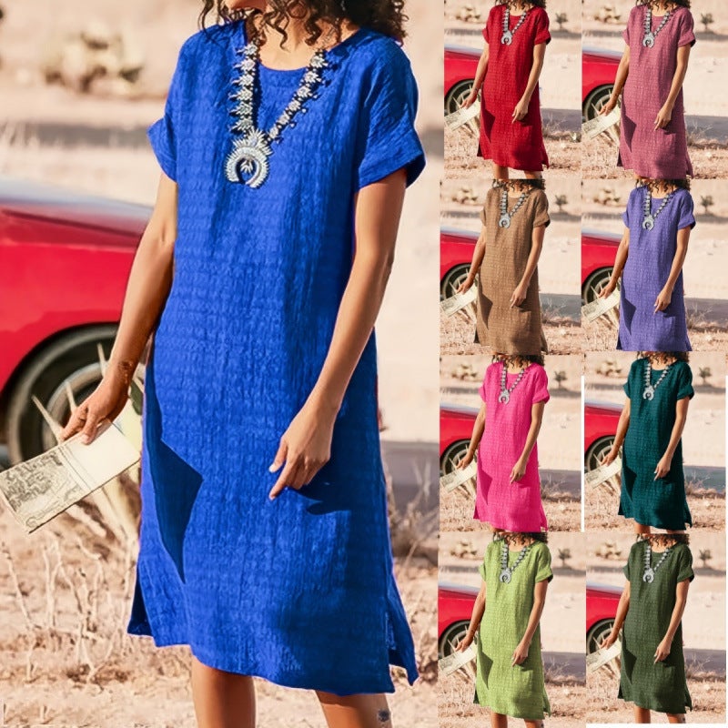 Plus Size Women's Round Neck Short Sleeve Split Pleated Dress - Image 1
