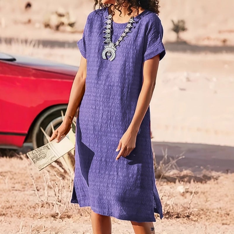 Plus Size Women's Round Neck Short Sleeve Split Pleated Dress - Image 2