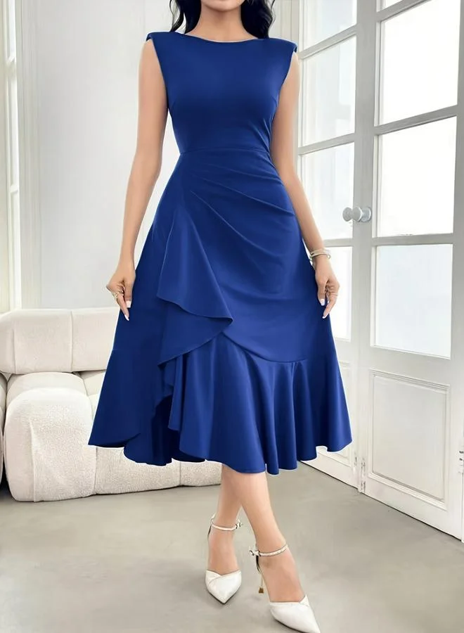 Take Two Navy Blue Solid V Back A-Line Midi Dress with Asymmetric Ruffle Hem