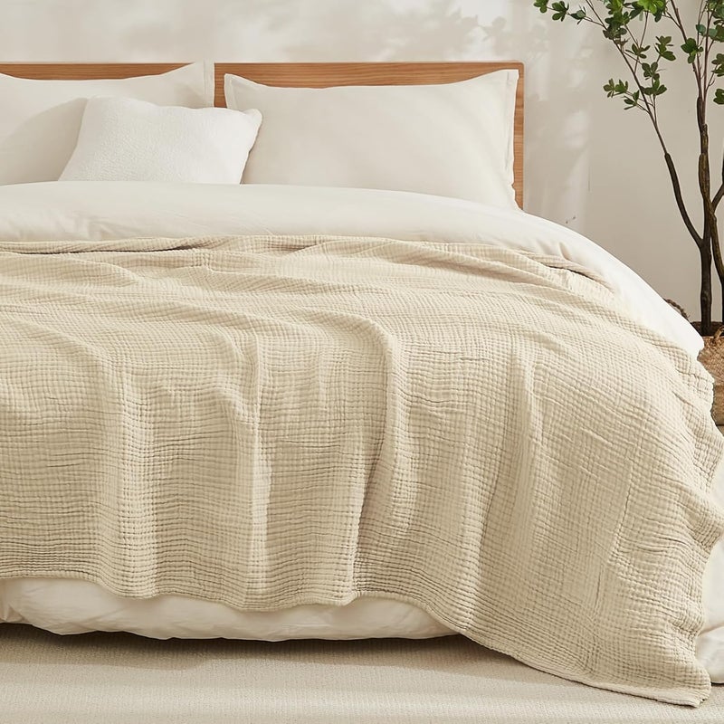 EMME , Cotton Muslin Blanket for Double Bed, Soft Large 6 Layers, 203 x 228 cm, Lightweight and Breathable for All Season, Light Leather - Image 1