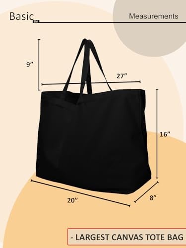 BasicList Extra Large Canvas Tote Bag - Big Largest Reusable Grocery,Black/Black,(pack of 2) - Image 2