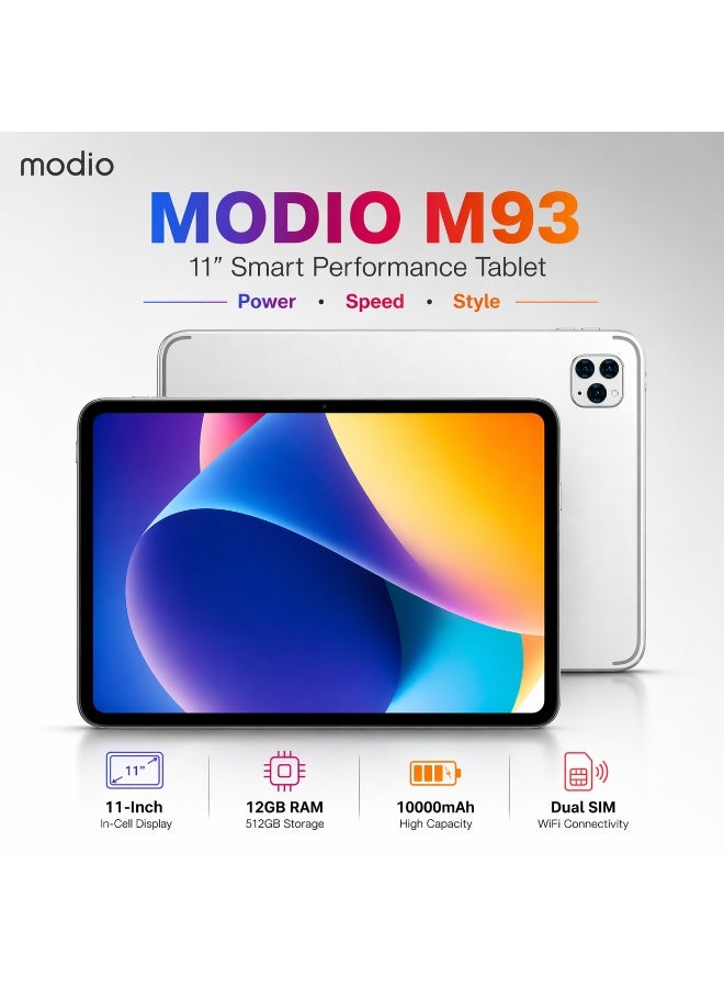 MODIO TAB M93 Tablet 11 Inch, 12GB RAM, 512GB Storage, Android 15, 10000mAh Battery, In-Cell HD Display, Dual SIM WiFi with Keyboard & Mouse (Silver) - Image 2