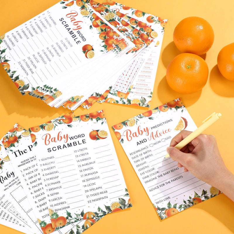 Jetec 302 Pcs Little Cutie Orange Theme Baby Shower Games, 6 Games, 50 Sheets Each, Shower Party, Word Scramble, Baby Word Search, Predictions and Advice, the Price is Right - Image 3