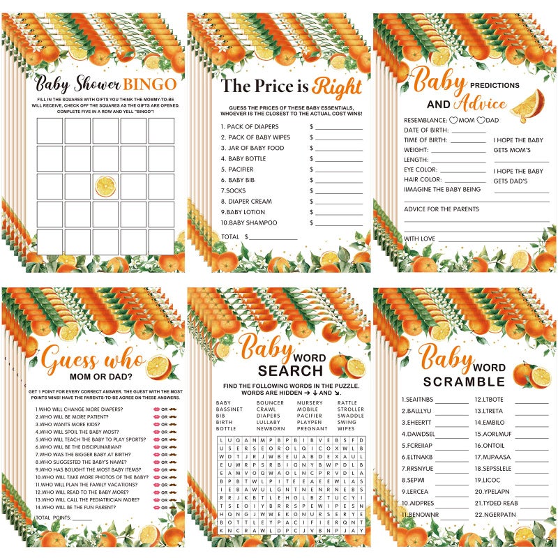 Jetec 302 Pcs Little Cutie Orange Theme Baby Shower Games, 6 Games, 50 Sheets Each, Shower Party, Word Scramble, Baby Word Search, Predictions and Advice, the Price is Right - Image 1
