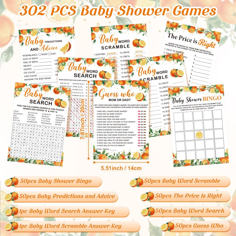 Jetec 302 Pcs Little Cutie Orange Theme Baby Shower Games, 6 Games, 50 Sheets Each, Shower Party, Word Scramble, Baby Word Search, Predictions and Advice, the Price is Right - Image 2