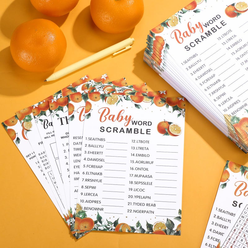 Jetec 302 Pcs Little Cutie Orange Theme Baby Shower Games, 6 Games, 50 Sheets Each, Shower Party, Word Scramble, Baby Word Search, Predictions and Advice, the Price is Right - Image 4