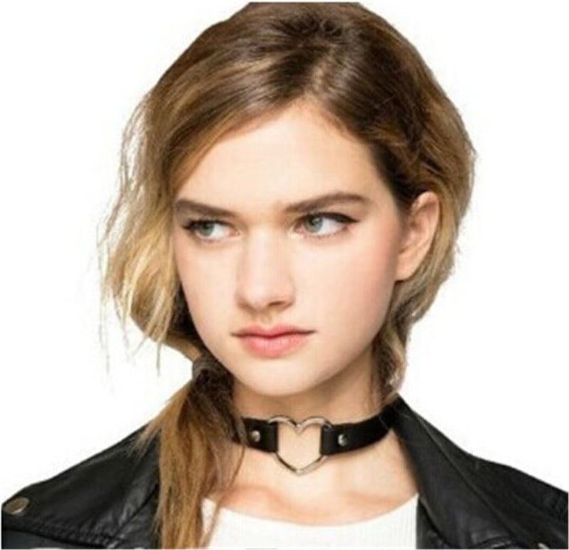 cheekyglo Jewelry Ladies Necklace Leather Alloy Adjustable Sizes Heart Rock Punk Choker Necklace Necklace, Black Silver - Image 2