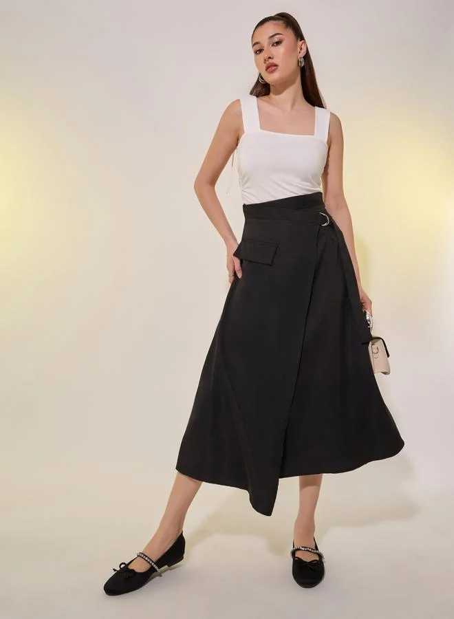 Take Two Solid Asymmetric Wrap Midi Skirts