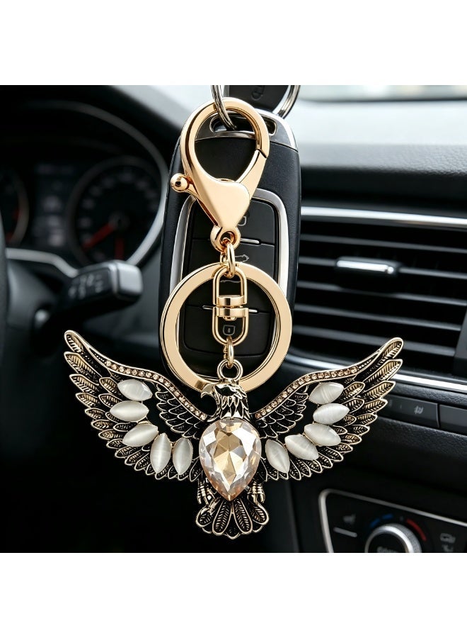 1PCS Vintage Eagle Keychain with Crystal & Opal Details, Retro Gold-Tone Bird Pendant Key Ring for Car Keys, Bags & Backpacks, Decorative Accessory Gift for - Image 3