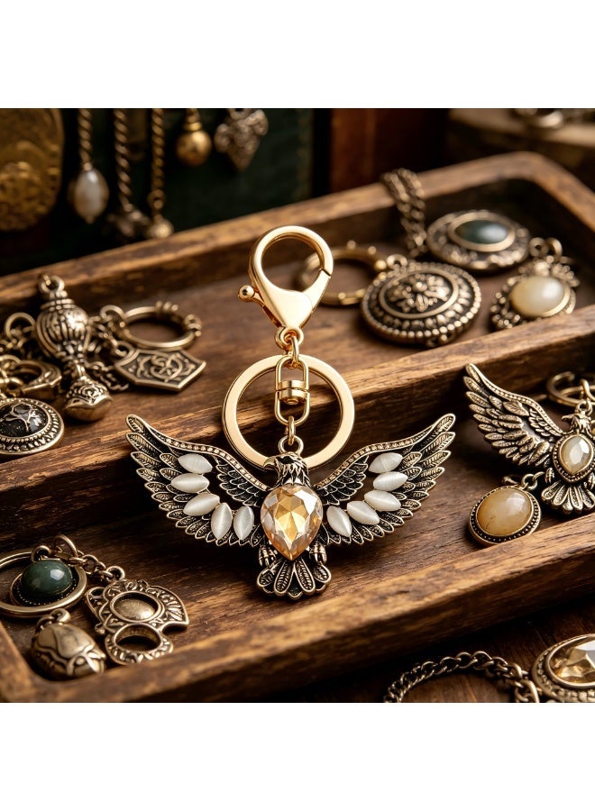 1PCS Vintage Eagle Keychain with Crystal & Opal Details, Retro Gold-Tone Bird Pendant Key Ring for Car Keys, Bags & Backpacks, Decorative Accessory Gift for - Image 5
