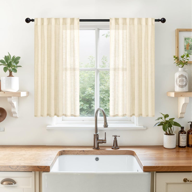 YoungsTex 40 Inch Length Linen Kitchen Window Curtains, Small Drapes with Rod Pocket Back Tab Semi Sheer Light Filtering for Bathroom Winows Over Sink, Beige, 2 Panels, 34 X 40 Inch - Image 1