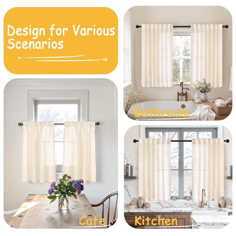 YoungsTex 40 Inch Length Linen Kitchen Window Curtains, Small Drapes with Rod Pocket Back Tab Semi Sheer Light Filtering for Bathroom Winows Over Sink, Beige, 2 Panels, 34 X 40 Inch - Image 2