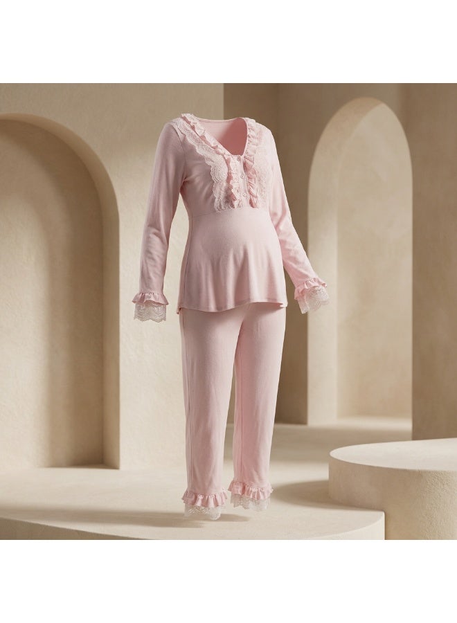 Lady Lingerie 2-Piece Maternity & Nursing Pajama Set | Long Sleeve Nursing Top with Lace Details & Adjustable Waist Pants | Cotton Viscose Blend | Made in Turkey - Image 1