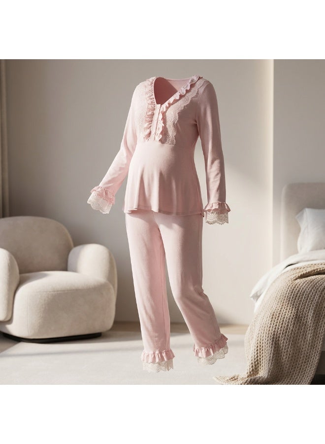 Lady Lingerie 2-Piece Maternity & Nursing Pajama Set | Long Sleeve Nursing Top with Lace Details & Adjustable Waist Pants | Cotton Viscose Blend | Made in Turkey - Image 3