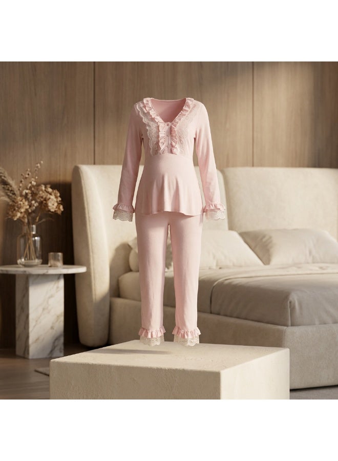 Lady Lingerie 2-Piece Maternity & Nursing Pajama Set | Long Sleeve Nursing Top with Lace Details & Adjustable Waist Pants | Cotton Viscose Blend | Made in Turkey - Image 2