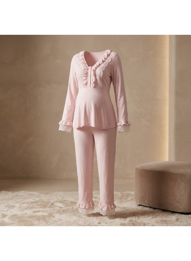 Lady Lingerie 2-Piece Maternity & Nursing Pajama Set | Long Sleeve Nursing Top with Lace Details & Adjustable Waist Pants | Cotton Viscose Blend | Made in Turkey - Image 4