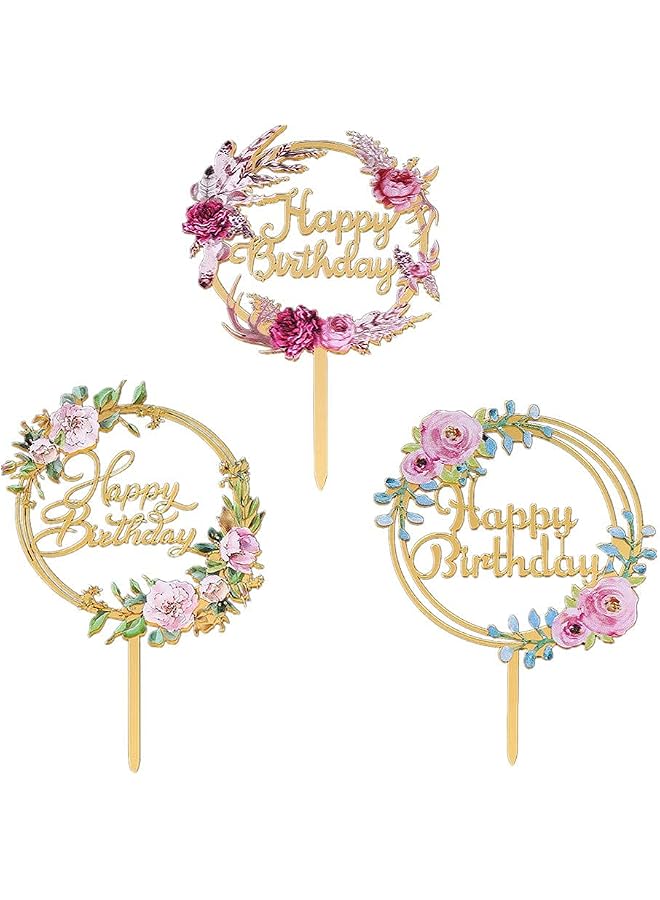 S-TOP 3 Pcs Flowers Cake Toppers Acrylic Happy Birthday Cake Toppers Various Birthday Party Wedding Cake Decoration - Image 1