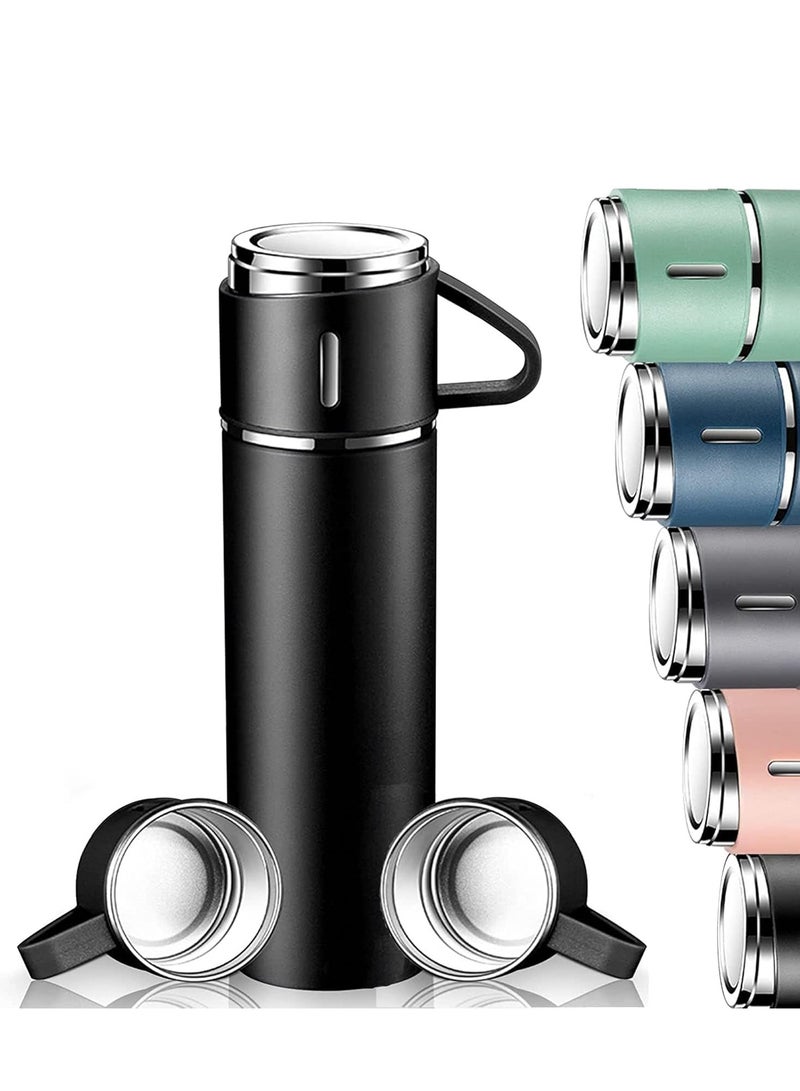 ELTRAZONE 500ml Stainless Steel Vacuum Thermos Flask with Silicone Handle & Insulated Water Bottle – Set of 2 Stainless Steel Cups for Hot & Cold Beverages, Outdoor Travel, Gift Box (2 Pack, Black) - Image 1