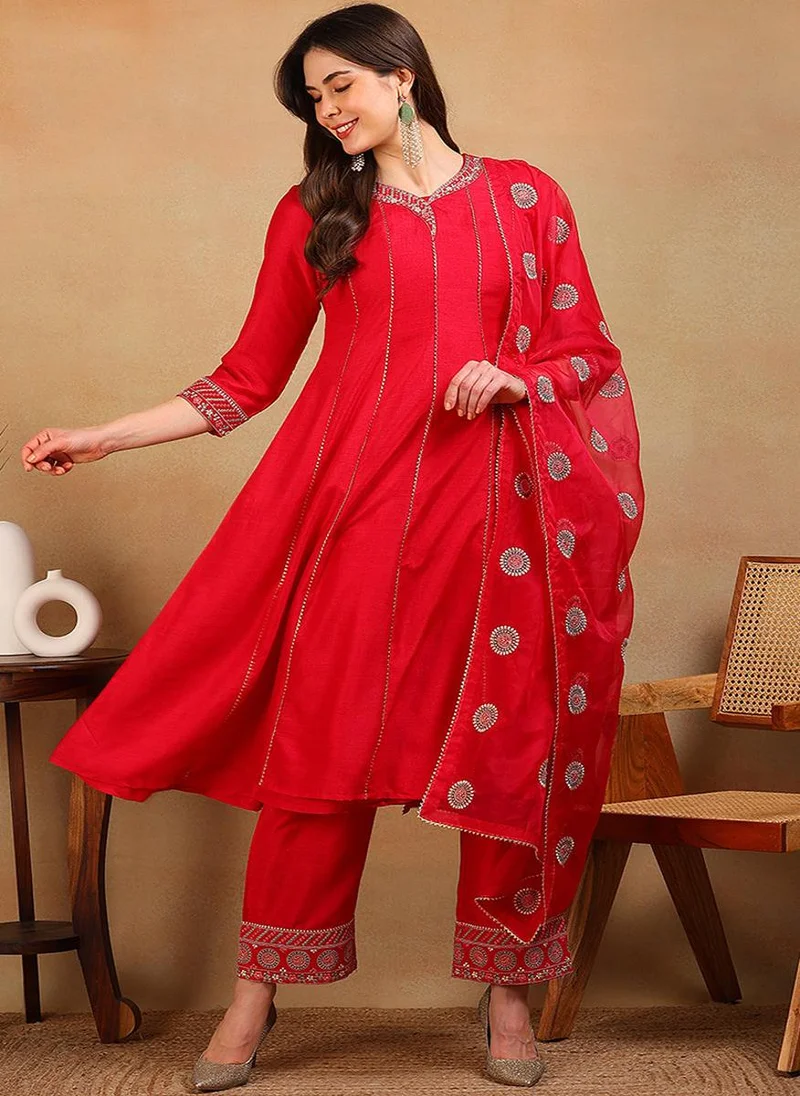 زيري سوق Red Silk Blend Embroidered Flared Empire 3-Piece Kurta Set