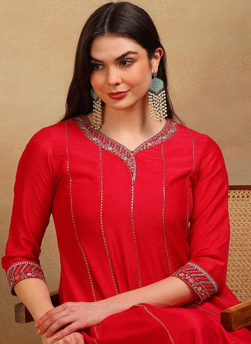 زيري سوق Red Silk Blend Embroidered Flared Empire 3-Piece Kurta Set
