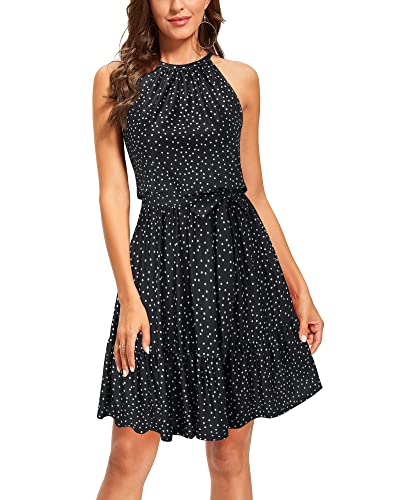Newshows Womens Summer Dress Work Church Casual Beach Vacation Teacher Outfits Hawaiian Italian Floral Flowy Polka Dot Linen Dresses Ruffle Belted Pockets Sundress(Polka Dot-Black, M) - Image 5