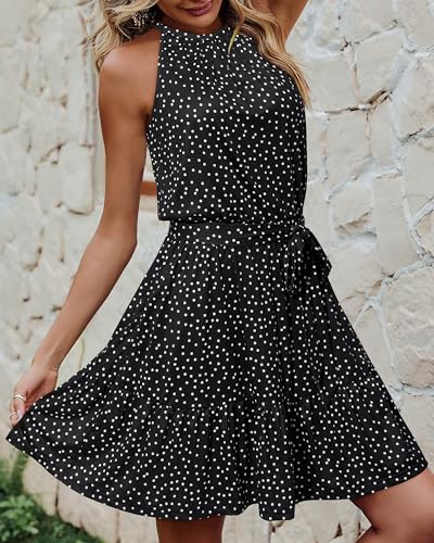 Newshows Womens Summer Dress Work Church Casual Beach Vacation Teacher Outfits Hawaiian Italian Floral Flowy Polka Dot Linen Dresses Ruffle Belted Pockets Sundress(Polka Dot-Black, M) - Image 2