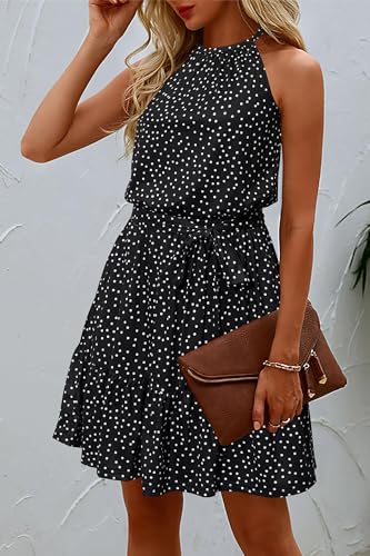Newshows Womens Summer Dress Work Church Casual Beach Vacation Teacher Outfits Hawaiian Italian Floral Flowy Polka Dot Linen Dresses Ruffle Belted Pockets Sundress(Polka Dot-Black, M) - Image 3