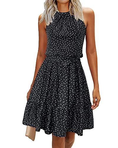 Newshows Womens Summer Dress Work Church Casual Beach Vacation Teacher Outfits Hawaiian Italian Floral Flowy Polka Dot Linen Dresses Ruffle Belted Pockets Sundress(Polka Dot-Black, M) - Image 1