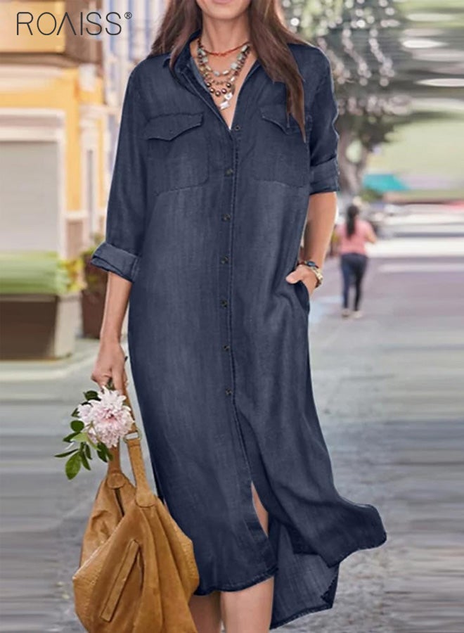 roaiss Women's Casual Denim Shirt Dress Loose Fit Button Closure Denim Dress With Pockets On Both Sides Lightweight Long Dress - Image 1