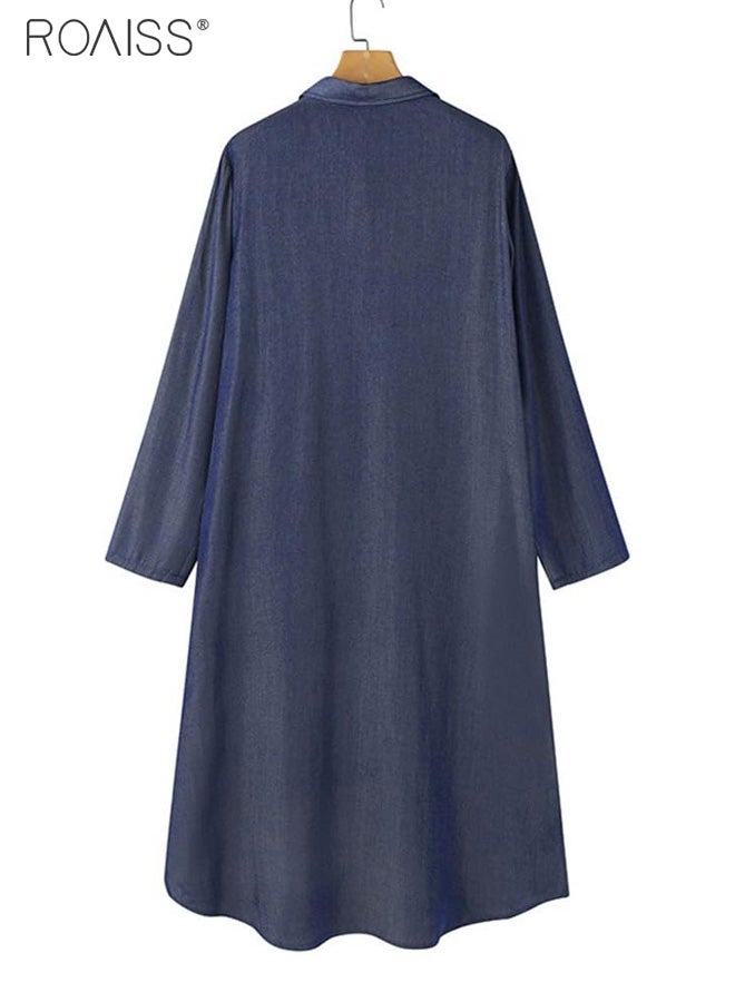 roaiss Women's Casual Denim Shirt Dress Loose Fit Button Closure Denim Dress With Pockets On Both Sides Lightweight Long Dress - Image 3